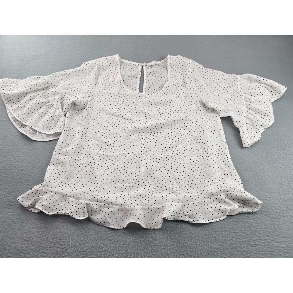 Sienna Sky Blouse Top Womens Small White Black Polka Dot Ruffle Trim Bell Sleeve